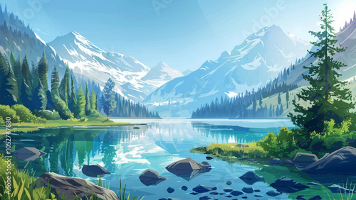 Crystal-Clear Lake Surrounded by Woods and Mountains Vector Illustrations Pristine Lake Forested Mountains Reflections in Water Scenic Wilderness Tranquil Landscape Nature View