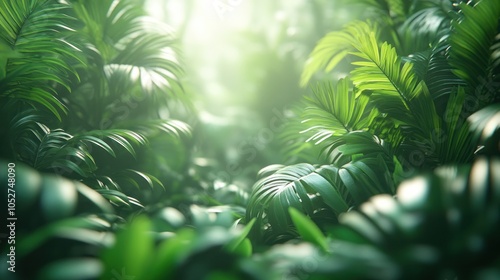 Lush Green Tropical Foliage with Sunlight Filtering Through