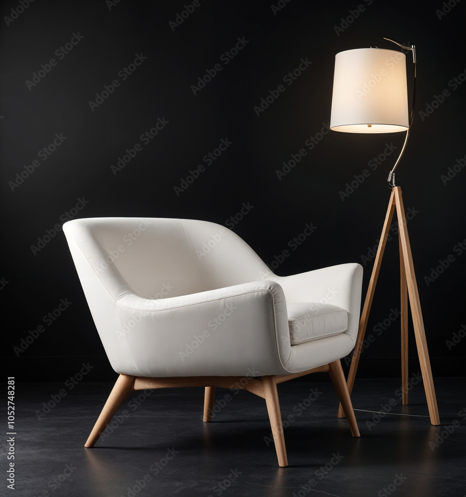 Sleek Comfort: Stylish White Armchair and Tripod Lamp in Dark Ambiance