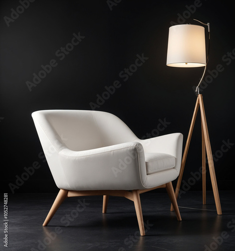 Sleek Comfort: Stylish White Armchair and Tripod Lamp in Dark Ambiance