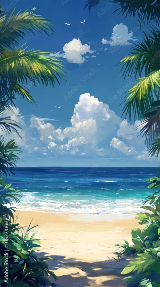 Tropical Beach View Framed by Palm Trees Tropical Beach View Framed by Palm Trees