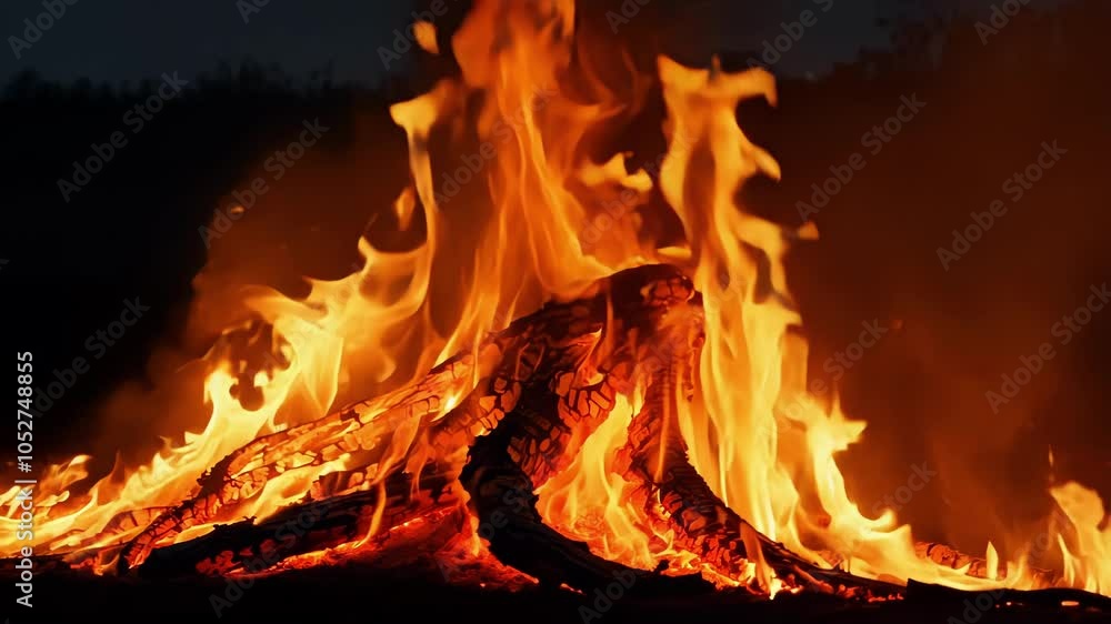 Flames leaping from a bonfire at night, casting a warm glow on the surrounding area. The fire creates a mesmerizing and surreal spectacle Flames leaping from a bonfire at night, casting a warm glow on the surrounding area. The fire creates a mesmerizing and surreal spectacle