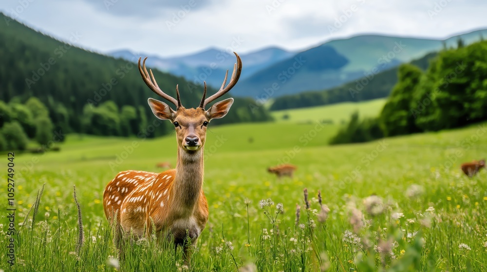 Naklejka premium Majestic Deer Standing in a Lush Meadow with Forested Hills in Background, Wildlife Concept