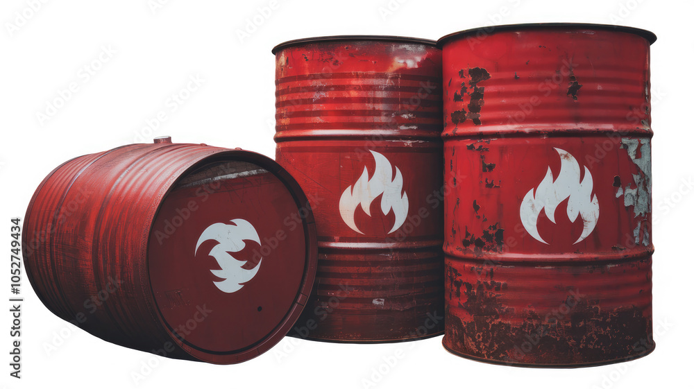 Three red barrels with flames on them. The barrels are stacked on top of each other. The barrels are old and rusted Three red barrels with flames on them. The barrels are stacked on top of each other. The barrels are old and rusted
