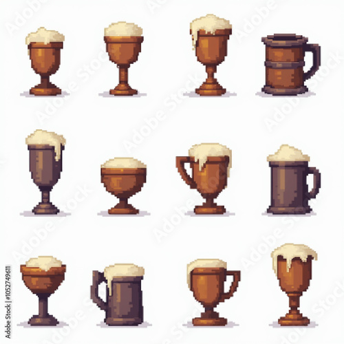 Pixel art set of goblets, mugs and tankards photo