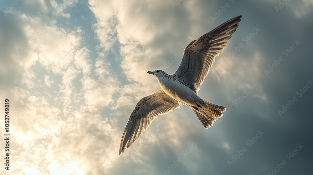 Obraz premium A seagull soars through the air against a backdrop of fluffy clouds.