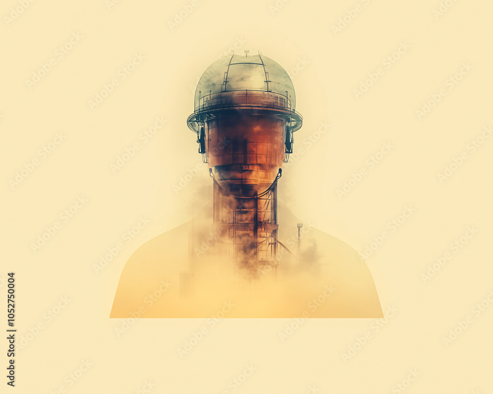 Futuristic Portrait of an Industrial Worker with Technological and Machinery Elements in an Abstract Urban Industrial Setting Futuristic Portrait of an Industrial Worker with Technological and Machinery Elements in an Abstract Urban Industrial Setting
