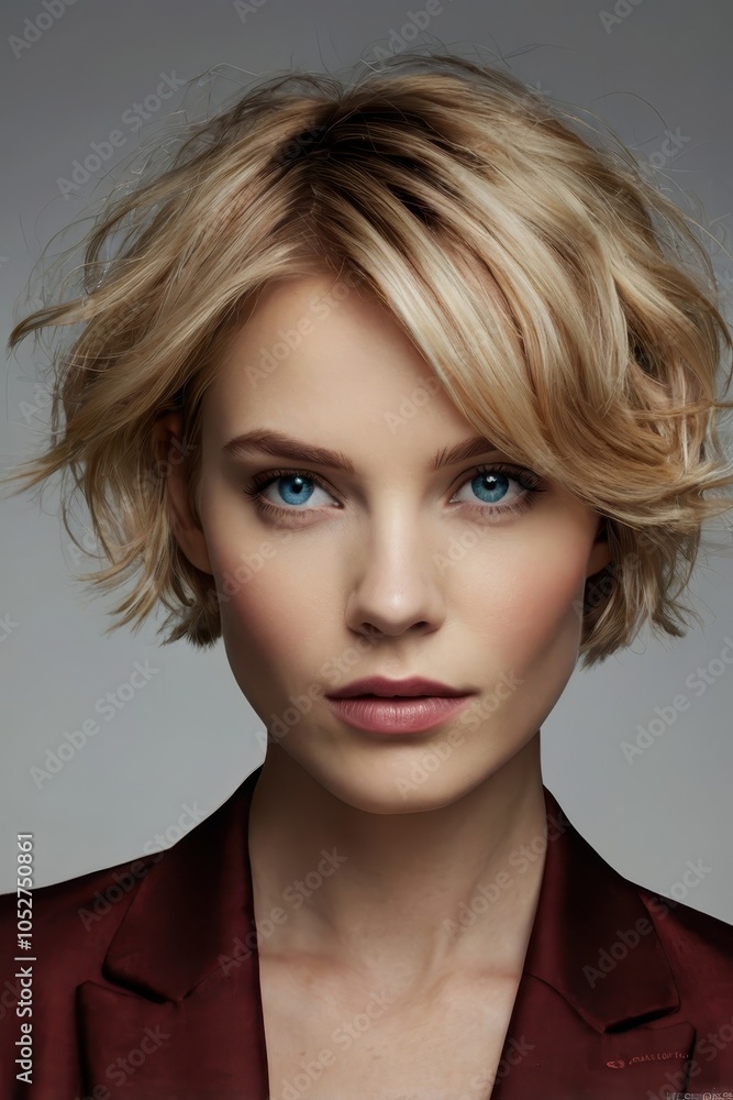 Professional portrait of a blonde woman in red blazer and white blouse Professional portrait of a blonde woman in red blazer and white blouse