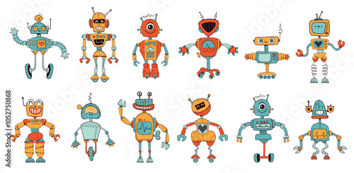 Funny cartoon robots. Colorful cartoon character. Funny vector illustration. Isolated white background. Set