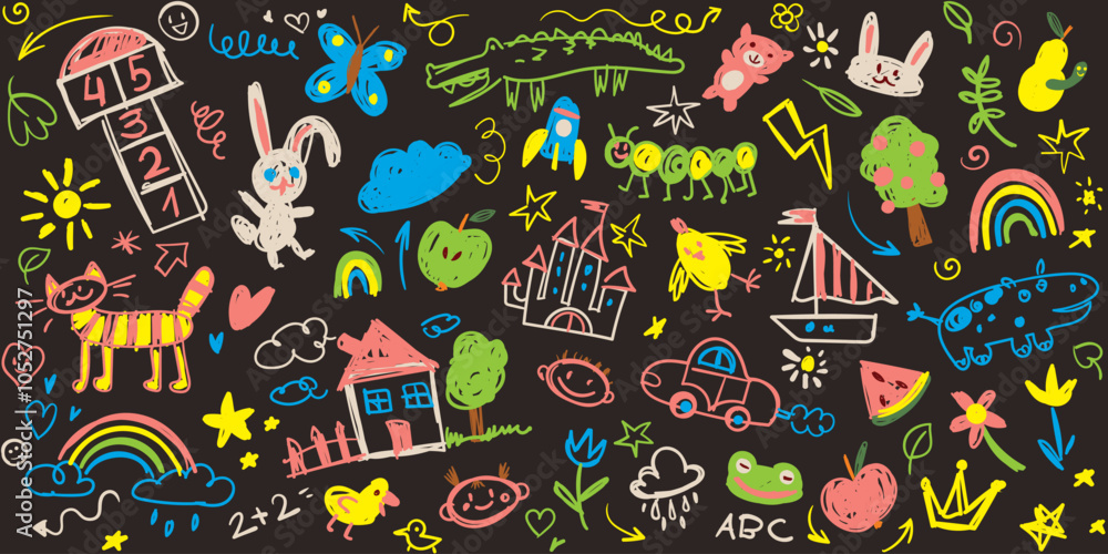 Naklejka premium Kids scribble on a black school blackboard. Hand drawn doodle sketch children. Doodle crayon style. Cute school chalk background. Vector illustration