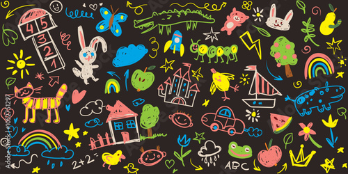 Kids scribble on a black school blackboard. Hand drawn doodle sketch children. Doodle crayon style. Cute school chalk background. Vector illustration