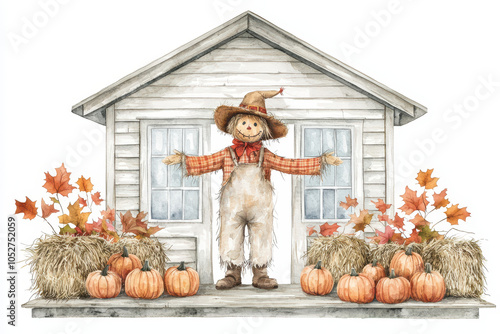 Description:** A whimsical scarecrow standing in front of a cozy house, surrounded by pumpkins and autumn leaves, evoking a charming fall atmosphere. photo