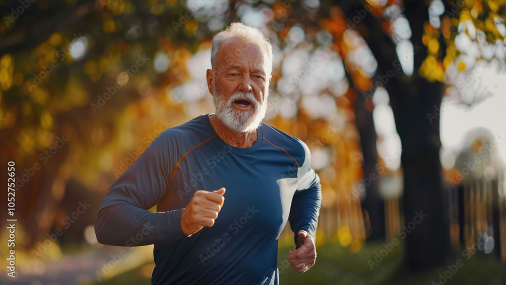 Elderly Man Jogging and Smiling in a Park Elderly Man Jogging and Smiling in a Park