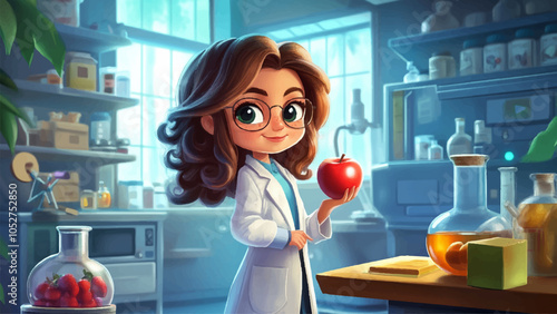 Girl Scientist Apple Hand Cartoon Illustration Young Female Researcher Lab Coat Glasses Academic Scholar Science Education Cute Child Study Knowledge Experiment Bright Colors