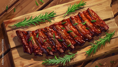 Grilled Ribs Juicy Tender Ribs Rosemary Sprigs Wooden Board Barbecue Cuisine Delicious Meat Charred Crispy Exterior Savory Juicy Ribs Restaurant Dish Grill Cooked Perfection Rustic