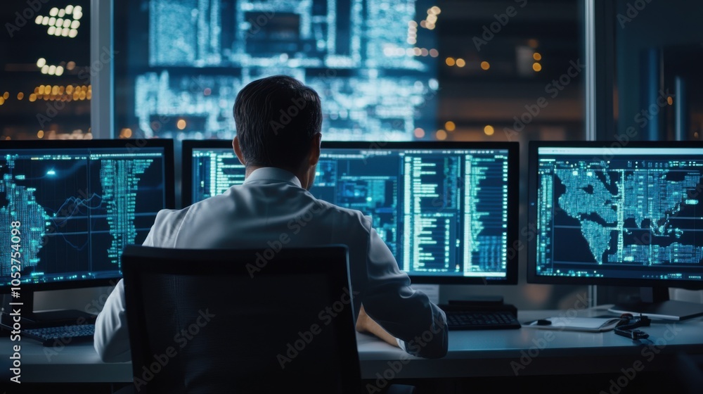 A close-up of a cybersecurity expert monitoring a bank secure network from A close-up of a cybersecurity expert monitoring a bank secure network from