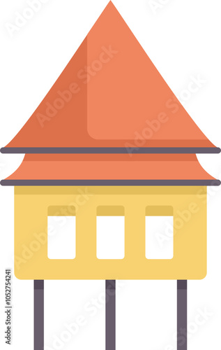 This illustration features a traditional asian house with a pagoda style roof, standing on stilts, isolated on a white background