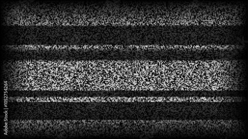 TV static noise background. Glitch pixelated television screen. Lost or bad TV signal VHS video with black stripes wallpaper. White noise grain. CRT screen with interferences and glitches. Vector