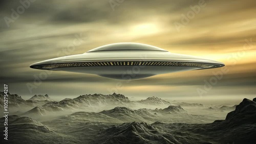 Wallpaper Mural A silver UFO hovers over a barren, mountainous landscape Torontodigital.ca