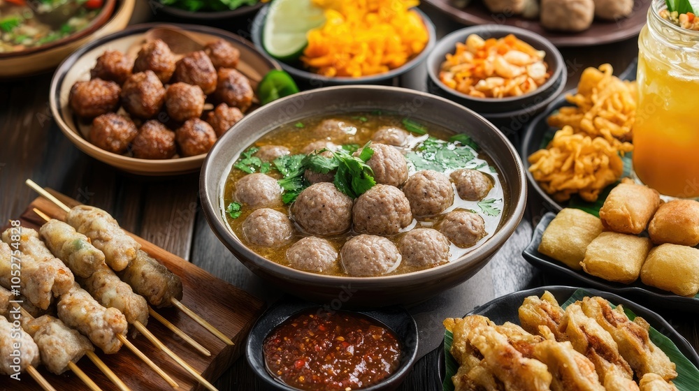 Delicious Asian Cuisine Spread with Meatballs and Snacks Delicious Asian Cuisine Spread with Meatballs and Snacks