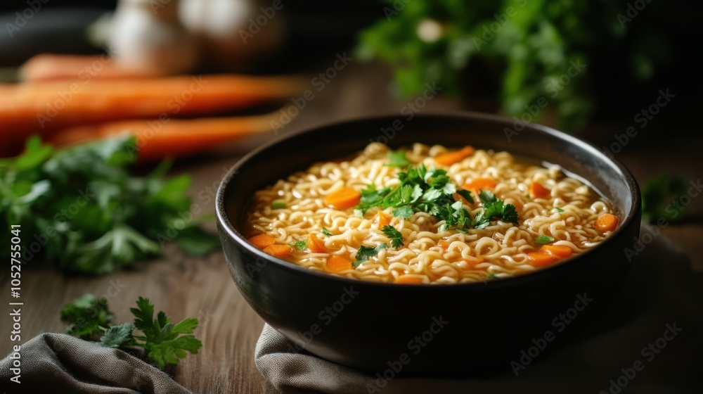 A cozy scene with a bowl of instant noodles, bright orange carrots, and fresh herbs, ready A cozy scene with a bowl of instant noodles, bright orange carrots, and fresh herbs, ready