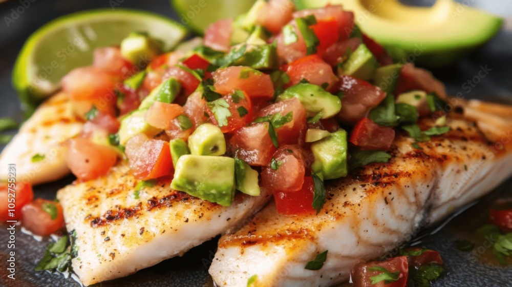 A delicious and colorful dish of grilled tilapia steak, topped with a fresh avocado and A delicious and colorful dish of grilled tilapia steak, topped with a fresh avocado and