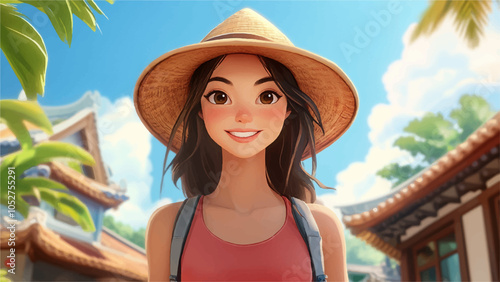 Happy Young Woman Tourist Asian Hat Smiling Traveler Cultural Outfit Vacation Adventure Joyful Outdoor Fun Sunny Day Scenic Environment Stylish Attire Relaxing Tourist Attraction