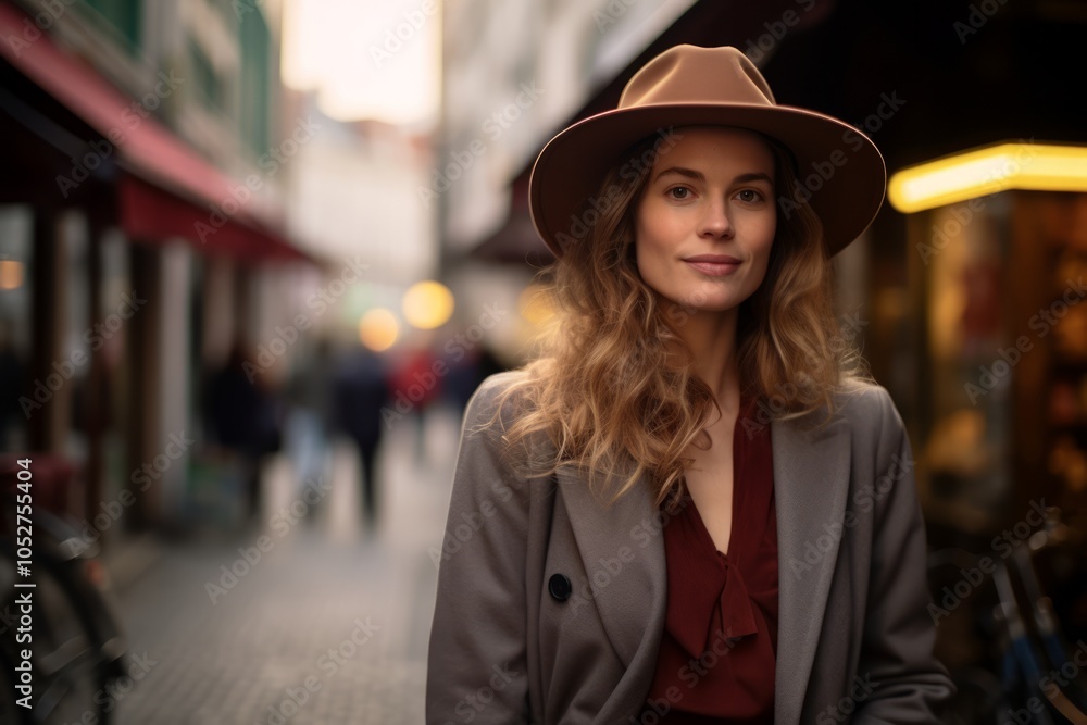 Portrait of a beautiful woman in a hat walking in the city. Portrait of a beautiful woman in a hat walking in the city.