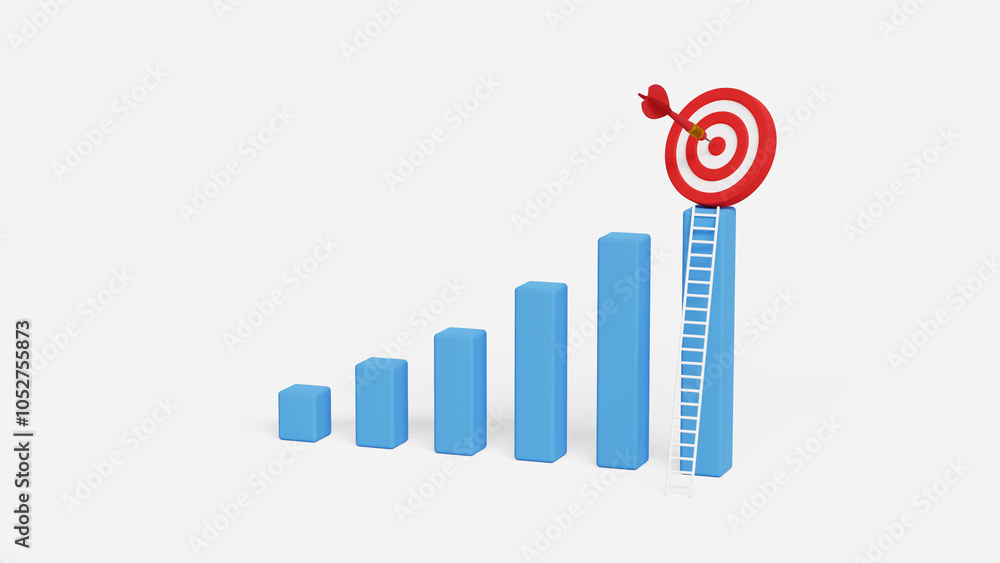Plan and strategy to achieve big goals. Career success journey, steady growth or shortcut concept. 3D archery target on top of bar graph with dart in the center and a ladder Plan and strategy to achieve big goals. Career success journey, steady growth or shortcut concept. 3D archery target on top of bar graph with dart in the center and a ladder