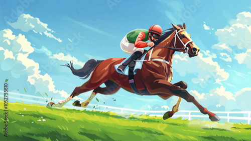 Horse Jockey Mid-Race Action Galloping Speed Dynamic Movement Horseback Riding Equestrian Sport Race Track Action Packed Animated Illustration Colorful Vibrant Dynamic Motion
