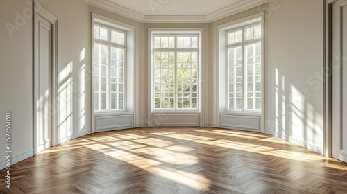 Wallpaper Mural Sunlit Empty Room with Large Windows and Wood Floor Torontodigital.ca
