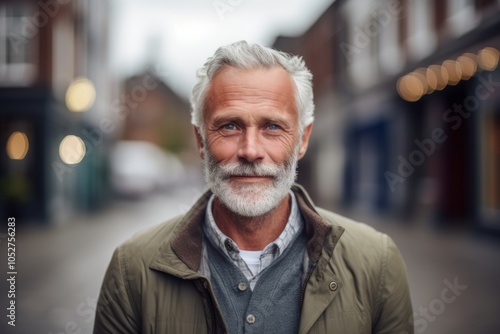 Portrait of a handsome senior man with grey beard standing in the street.