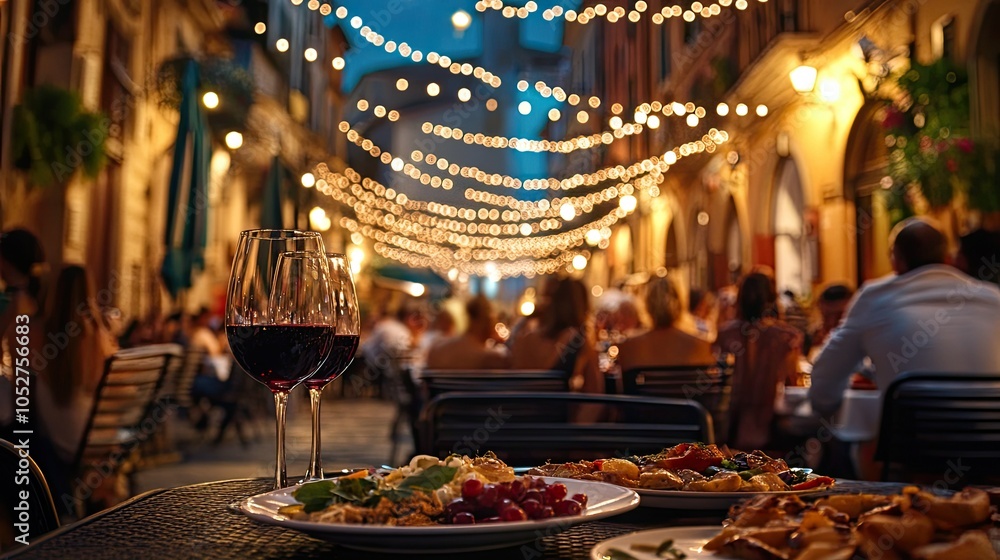 Fototapeta premium Evening Dinner Scene with Wine and Lights in Italy
