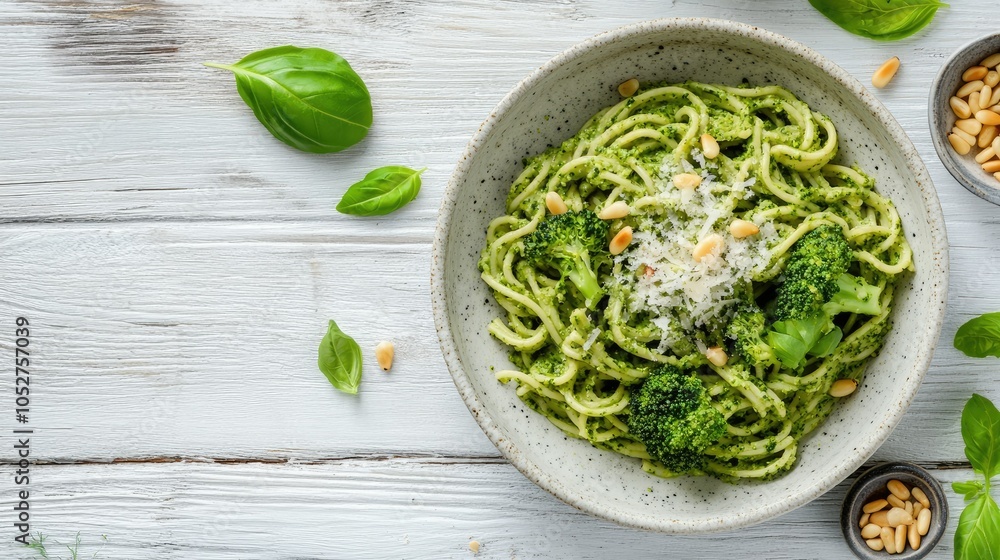 Obraz premium Fresh Pasta with Pesto and Broccoli Garnish
