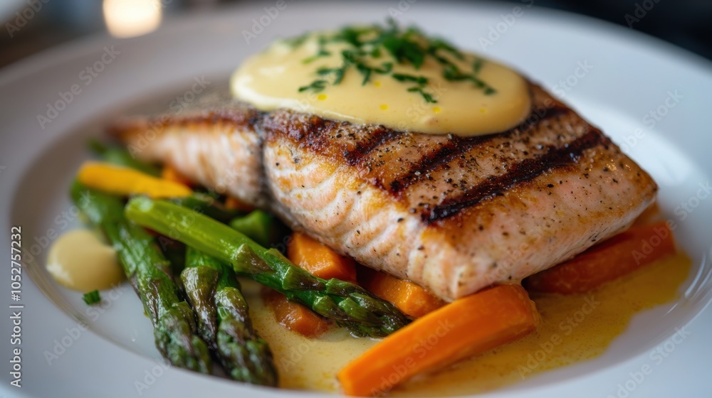 A golden-brown trout steak, served with a colorful mix of steamed asparagus, carrots, A golden-brown trout steak, served with a colorful mix of steamed asparagus, carrots,