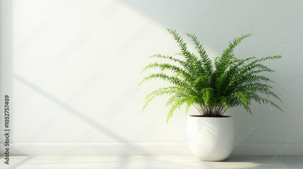 Lush Green Fern in Modern Pot on Bright Wall Lush Green Fern in Modern Pot on Bright Wall
