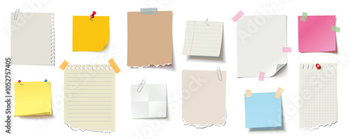 Set note paper, sticky note, notebook page, torn piece of paper. Blank sheet with push pin and adhesive tape. Templates for note message. Vector illustration. Isolated on white background. Front view