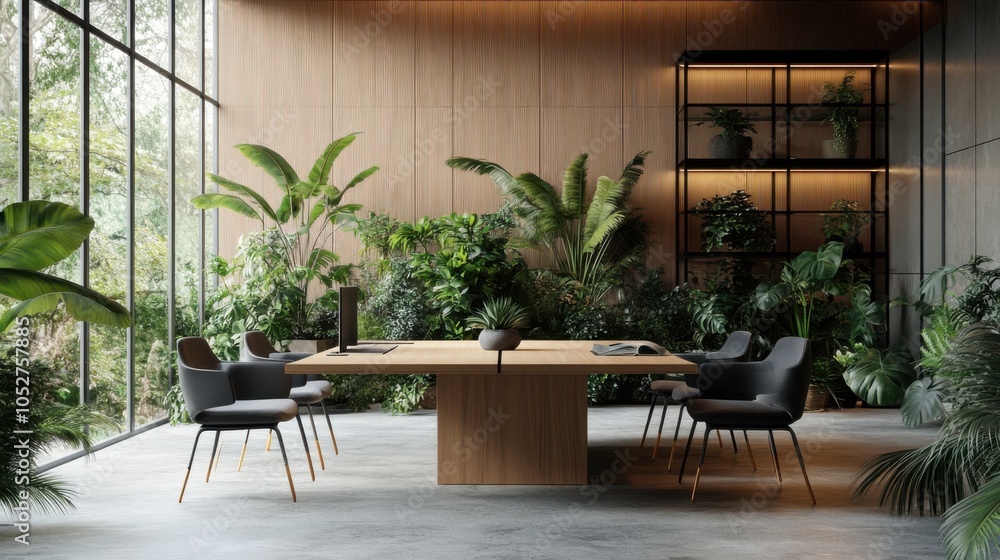 A minimalist meeting table in a green office, with air-purifying plants and sustainable decor A minimalist meeting table in a green office, with air-purifying plants and sustainable decor