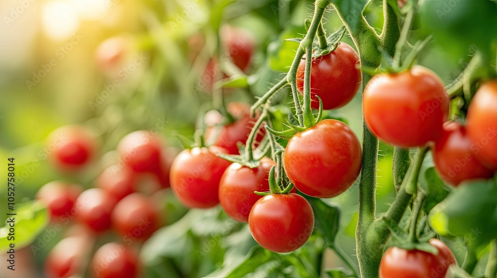 Fresh Red Tomatoes Growing on Green Vines Fresh Red Tomatoes Growing on Green Vines