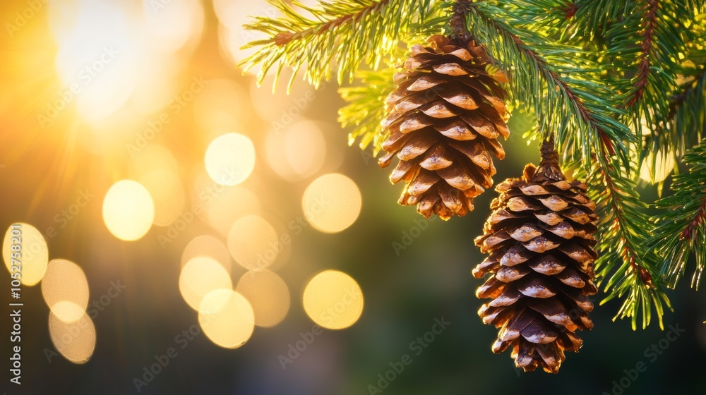 Golden sunrise light illuminates pine cones on tree branch against a vibrant green backdrop at morning Golden sunrise light illuminates pine cones on tree branch against a vibrant green backdrop at morning