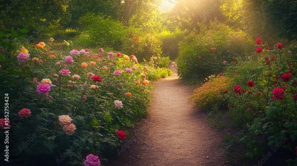 Fototapeta premium A pathway through a lush rose garden, bathed in warm sunlight.