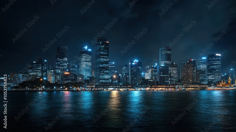 A panoramic view of the capital city nighttime skyline, featuring iconic landmarks glowing A panoramic view of the capital city nighttime skyline, featuring iconic landmarks glowing