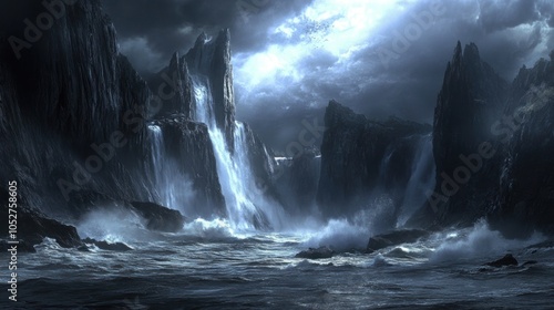 A dramatic landscape with towering cliffs, waterfalls, and a raging sea beneath a stormy sky.