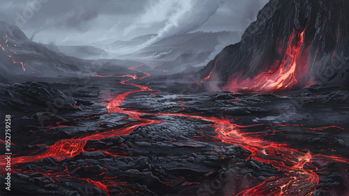 Land with Lava River Flowing Molten Lava Fiery Landscape Volcanic Eruption Magma Rivers Rock Formations Dark Skies Smoky Atmosphere Red Hot Lava Acrylic on Canvas Illustration