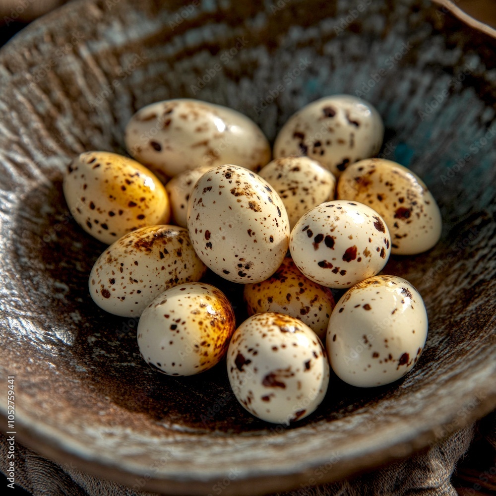 Obraz premium Fresh quail eggs arranged beautifully in a rustic bowl. Each egg has unique speckled patterns. Perfect for culinary presentations or farm-to-table concepts. Simple, elegant, and natural. AI