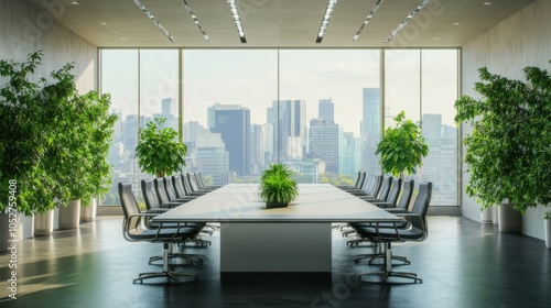 A sleek meeting table in an eco-conscious office, with green accents and live plants