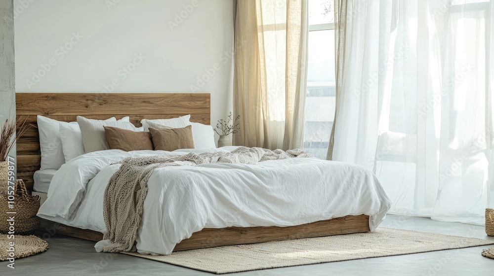 Fototapeta premium Minimalist bedroom with white bedding and wooden headboard.