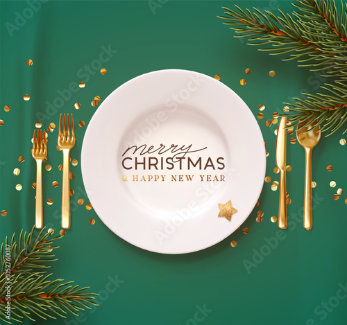 Christmas plate setting with golden cutlery on green silk background. New Year Festive design with holiday xmas decorative. Table place setting banner with realistic 3d object. Vector illustration