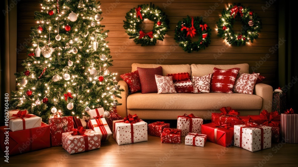 A stylish Christmas setup features a white sofa, a beautifully decorated tree, and a wreath, all enhanced by soft lighting and festive decor A stylish Christmas setup features a white sofa, a beautifully decorated tree, and a wreath, all enhanced by soft lighting and festive decor