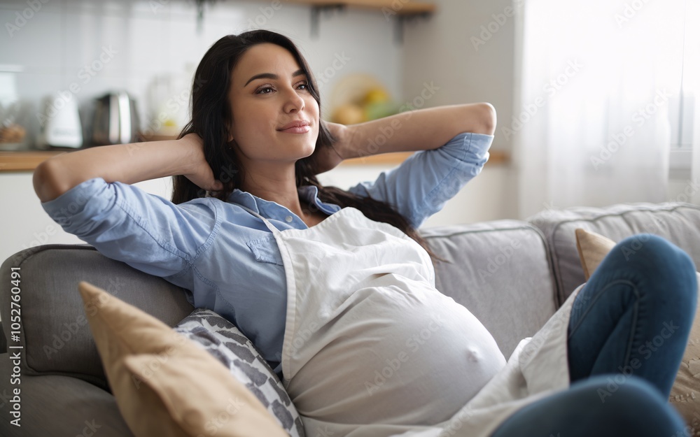 Pregnant woman relaxing on a sofa in her living room, hands behind her head. Pregnant woman relaxing on a sofa in her living room, hands behind her head.